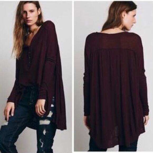 FREE PEOPLE BENEDICT CANYON HENLEY MAROON FLOWY TUNIC SIZE XS - Picture 1 of 12